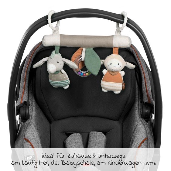 Fehn 3-tlg Geschenk-Set zur Geburt Activity-Trapez, Schmusetuch & Ring-Greifling - Esel & Schaf