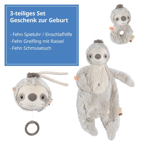 Fehn 3-tlg. Geschenk-Set zur Geburt Schmusetuch, Spieluhr & Greifling - Faultier