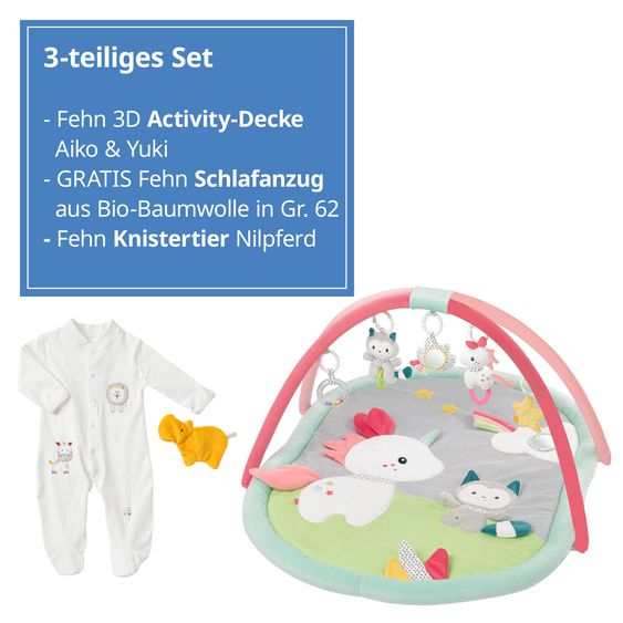 Fehn 3D Activity-Decke Aiko & Yuki + GRATIS Schlafanzug & Knistertier NATUR aus Bio-Baumwolle