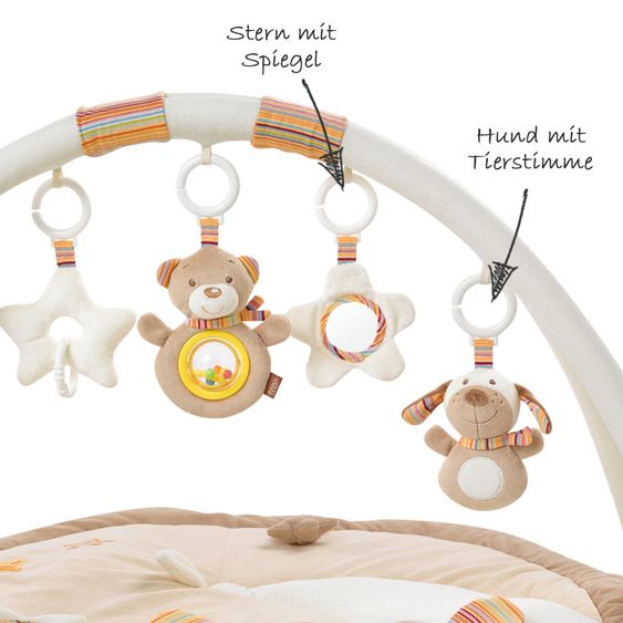 Fehn 3D Activity-Decke Teddy - Rainbow + GRATIS Schlafanzug & Knistertier NATUR aus Bio-Baumwolle