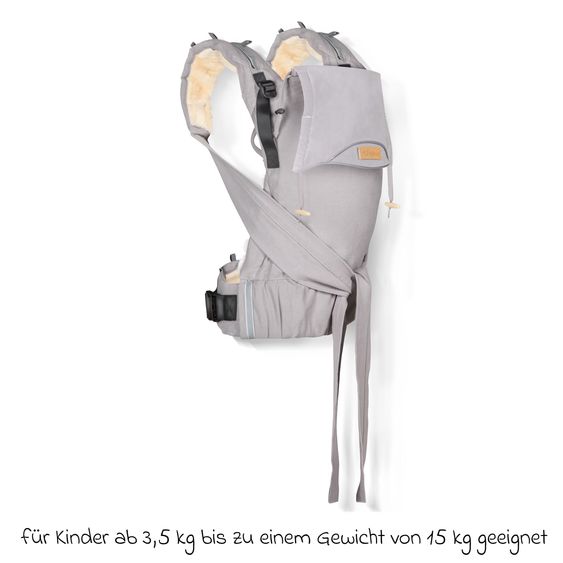 Fellhof Marsupio Tali da 3,5 a 15 kg per il trasporto a pancia in giù, sui fianchi e sulla schiena, 100% pelle d'agnello Merion all'interno - grigio