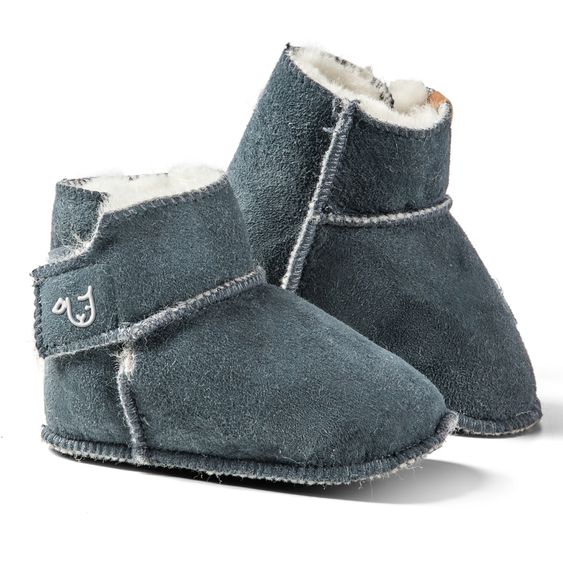 Fellhof Sheepskin Baby Shoes Stieferl Kuschl with Velcro & Anti-Slip Dots - Blue grey - Size: 16/17