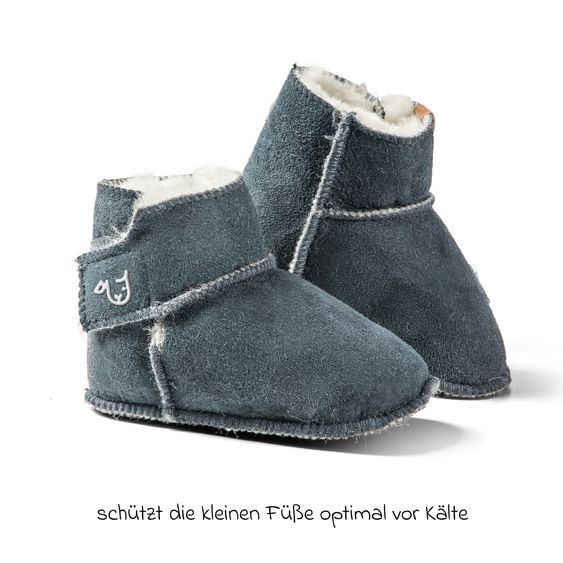 Fellhof Sheepskin Baby Shoes Stieferl Kuschl with Velcro & Anti-Slip Dots - Blue grey - Size: 16/17