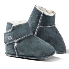 Sheepskin Baby Shoes Stieferl Kuschl with Velcro & Anti-Slip Dots - Blue grey - Size: 18/19