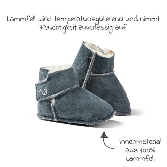 Fellhof Sheepskin Baby Shoes Stieferl Kuschl with Velcro & Anti-Slip Dots - Blue grey - Size: 18/19