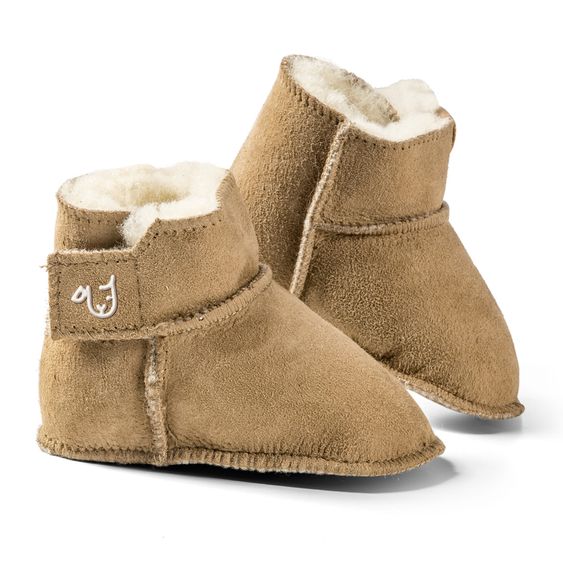 Fellhof Sheepskin Baby Shoes Stieferl Kuschl with Velcro & Anti-Slip Dots - Braun - Size: 16/17