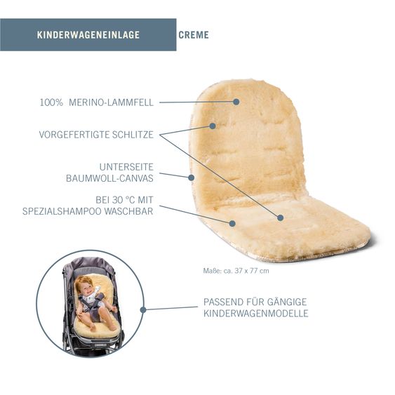 Fellhof Lammfell-Einlage für Kinderwagen aus 100% Merino-Lammfell 37 x 77 cm - Creme