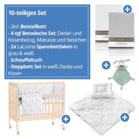 Fillikid 10-tlg. Beistellbett-Komplett-Set Nino inkl. Matratze, Bettwäsche, Spannbetttücher, Nestchen, Steppbett & Schmusetuch - Natur