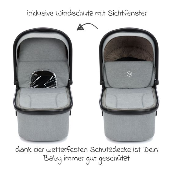 Fillikid 2-1 Kombi-Kinderwagen Cougar bis 22 kg belastbar inkl. Babywanne, umsetzbare Sitzeinheit, Telskopschieber, - Grau