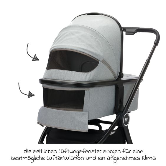 Fillikid 2-1 Combi Stroller Set Cougar up to 22 kg load capacity with carrycot, reversible seat unit, telescopic handle & accessory package - Grey