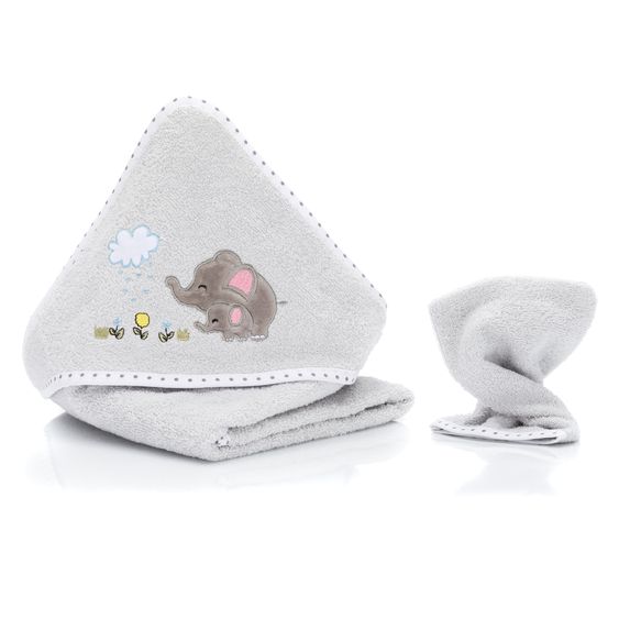 Fillikid 2.tlg. Kapuzenbadetuch-Set Badetuch und Waschhandschuh 100 x 100 cm - Elefant - Grau