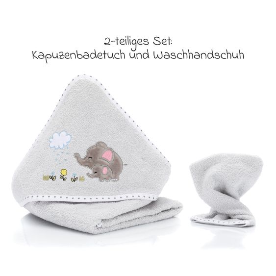 Fillikid 2.tlg. Kapuzenbadetuch-Set Badetuch und Waschhandschuh 100 x 100 cm - Elefant - Grau