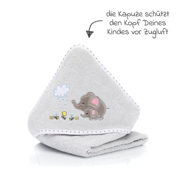 Fillikid 2.tlg. Kapuzenbadetuch-Set Badetuch und Waschhandschuh 100 x 100 cm - Elefant - Grau