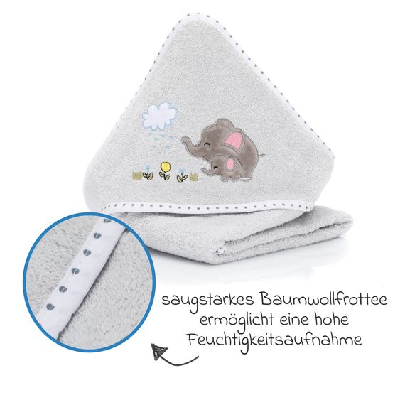 Fillikid 2.tlg. Kapuzenbadetuch-Set Badetuch und Waschhandschuh 100 x 100 cm - Elefant - Grau