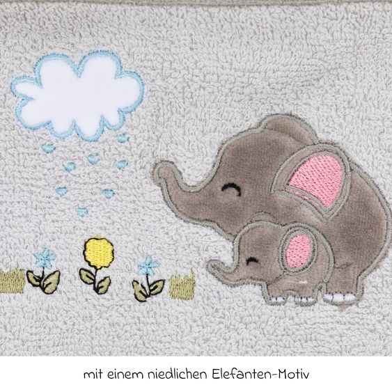 Fillikid 2.tlg. Kapuzenbadetuch-Set Badetuch und Waschhandschuh 100 x 100 cm - Elefant - Grau