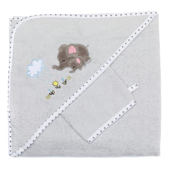 Fillikid 2.tlg. Kapuzenbadetuch-Set Badetuch und Waschhandschuh 100 x 100 cm - Elefant - Grau