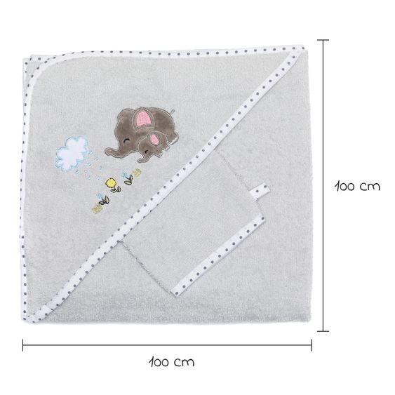 Fillikid 2.tlg. Kapuzenbadetuch-Set Badetuch und Waschhandschuh 100 x 100 cm - Elefant - Grau