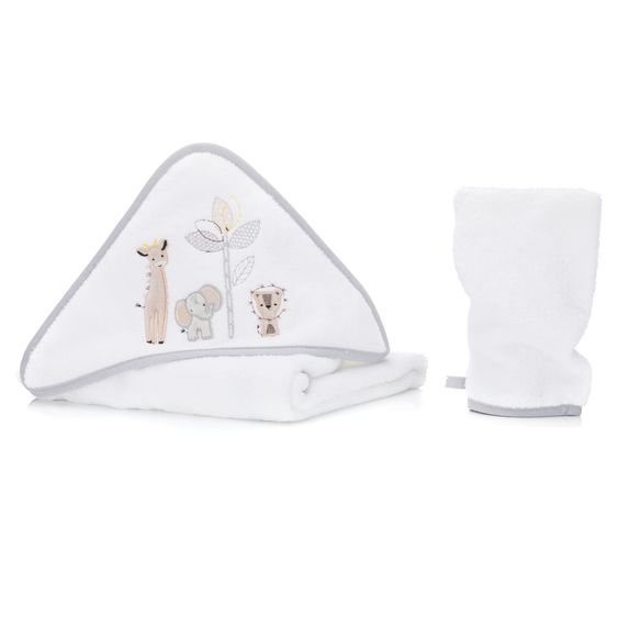 Fillikid 2.tlg. Kapuzenbadetuch-Set Badetuch und Waschhandschuh 100 x 100 cm - Safari - Weiß