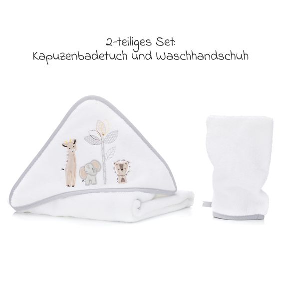 Fillikid 2.tlg. Kapuzenbadetuch-Set Badetuch und Waschhandschuh 100 x 100 cm - Safari - Weiß