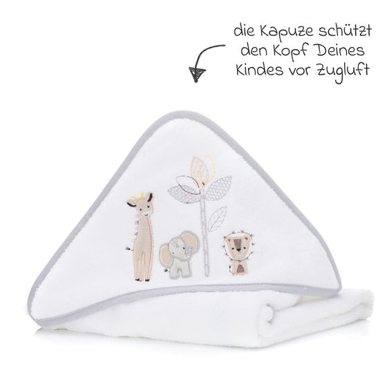 Fillikid 2.tlg. Kapuzenbadetuch-Set Badetuch und Waschhandschuh 100 x 100 cm - Safari - Weiß
