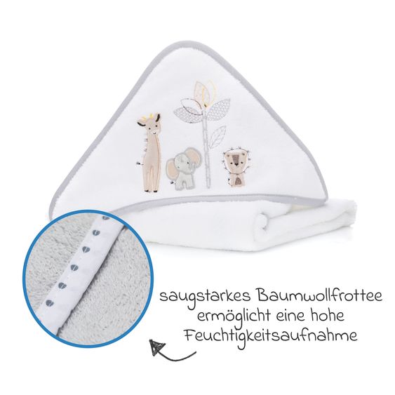 Fillikid 2.tlg. Kapuzenbadetuch-Set Badetuch und Waschhandschuh 100 x 100 cm - Safari - Weiß