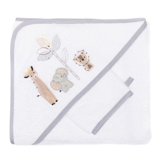 Fillikid 2.tlg. Kapuzenbadetuch-Set Badetuch und Waschhandschuh 100 x 100 cm - Safari - Weiß