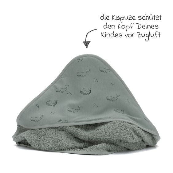 Fillikid 2.tlg. Kapuzenbadetuch-Set Badetuch und Waschhandschuh 100 x 100 - Wal - Grün