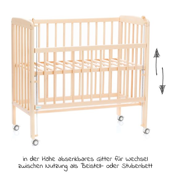 Fillikid 2in1 Beistellbett, Stubenbett Nino (auch für Boxspringbetten geeignet) inkl. Matratze - Natur
