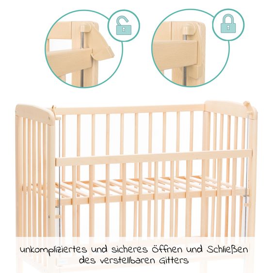 Fillikid 2in1 Beistellbett, Stubenbett Nino (auch für Boxspringbetten geeignet) inkl. Matratze - Natur