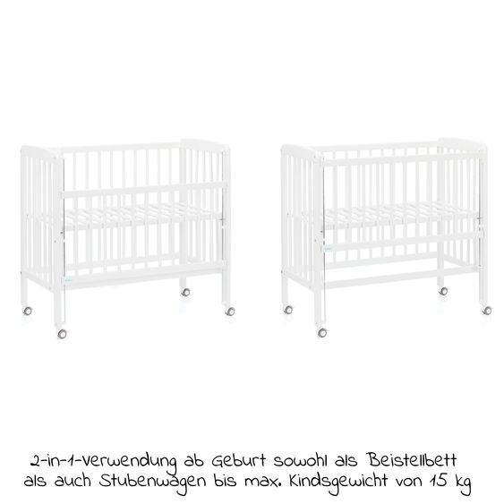 Fillikid 2in1 Beistellbett, Stubenbett Nino (auch für Boxspringbetten geeignet) inkl. Matratze - Weiß