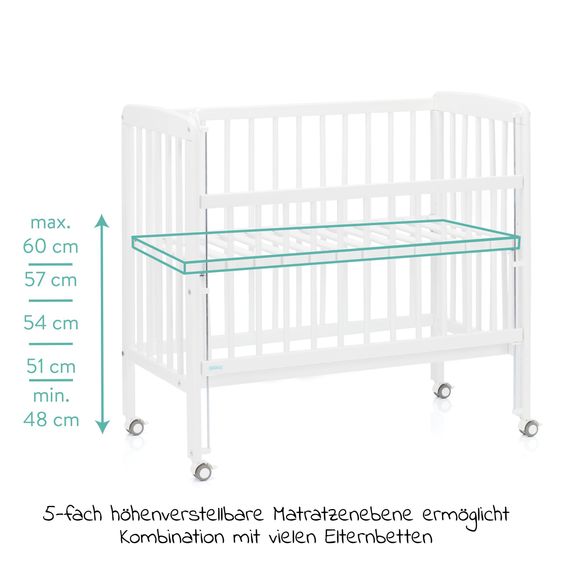 Fillikid 2in1 Beistellbett, Stubenbett Nino (auch für Boxspringbetten geeignet) inkl. Matratze - Weiß