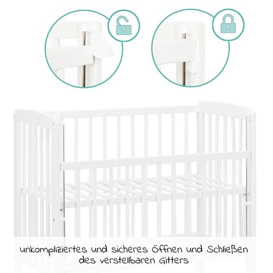 Fillikid 2in1 Beistellbett, Stubenbett Nino (auch für Boxspringbetten geeignet) inkl. Matratze - Weiß