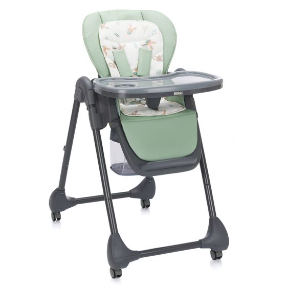 Fillikid 2in1 high chair and rocker Mio usable from birth with reclining position, removable dining board, 4 castors & small foldable - gray green