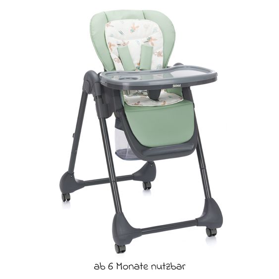 Fillikid 2in1 high chair and rocker Mio usable from birth with reclining position, removable dining board, 4 castors & small foldable - gray green