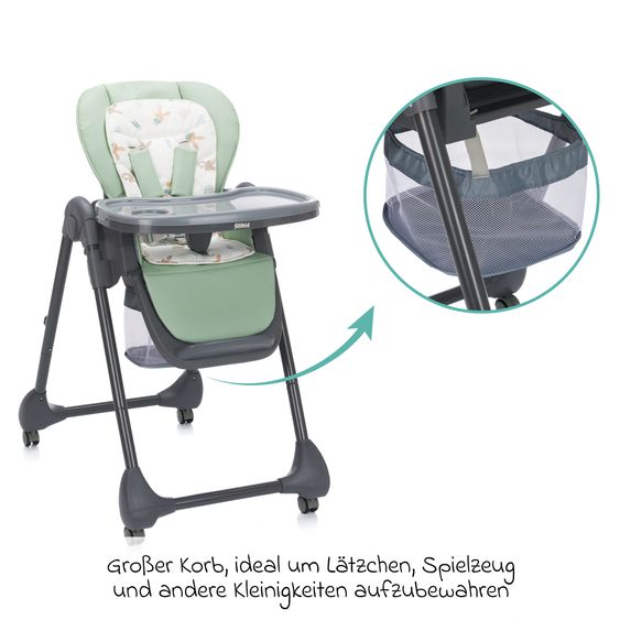 Fillikid 2in1 high chair and rocker Mio usable from birth with reclining position, removable dining board, 4 castors & small foldable - gray green