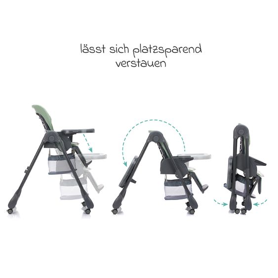 Fillikid 2in1 Hochstuhl und Wippe Mio ab 6 Monate nutzbar mit Liegeposition, abnehmbarem Essbrett, 4 Rollen & klein faltbar - Grau Grün