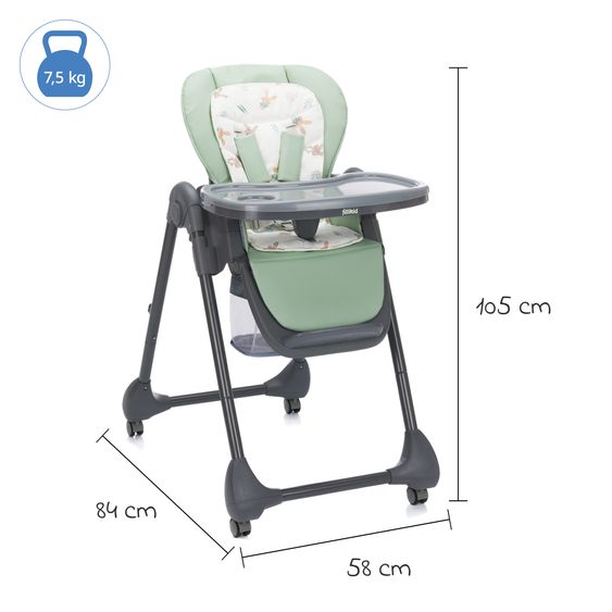 Fillikid 2in1 high chair and rocker Mio usable from birth with reclining position, removable dining board, 4 castors & small foldable - gray green