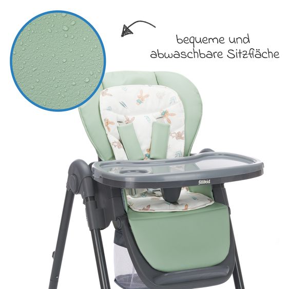 Fillikid 2in1 Hochstuhl und Wippe Mio ab 6 Monate nutzbar mit Liegeposition, abnehmbarem Essbrett, 4 Rollen & klein faltbar - Grau Grün