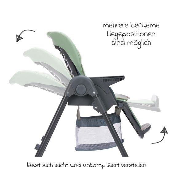 Fillikid 2in1 Hochstuhl und Wippe Mio ab 6 Monate nutzbar mit Liegeposition, abnehmbarem Essbrett, 4 Rollen & klein faltbar - Grau Grün