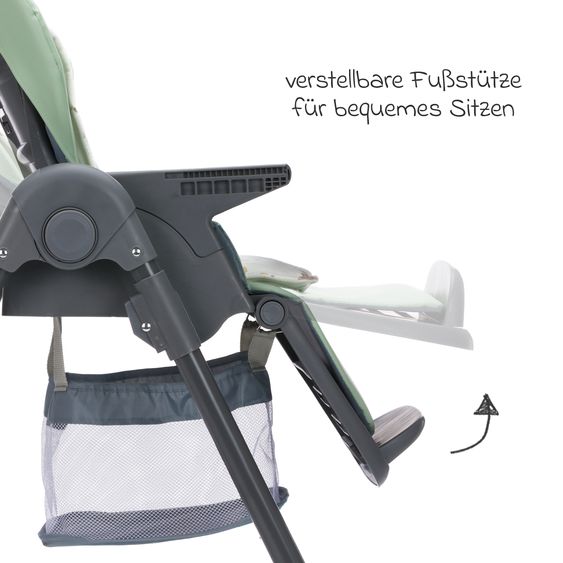 Fillikid 2in1 high chair and rocker Mio usable from birth with reclining position, removable dining board, 4 castors & small foldable - gray green