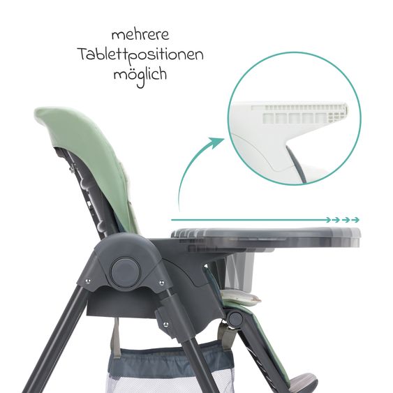 Fillikid 2in1 high chair and rocker Mio usable from birth with reclining position, removable dining board, 4 castors & small foldable - gray green