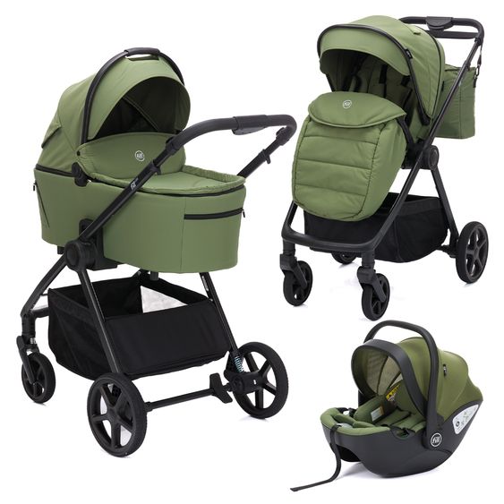 Fillikid 3-1 Kombi-Kinderwagen-Set Lion mit Sportsitz, Babywanne, Babyschale, Adapter, Fußdecke und Wickeltasche - Forest Green