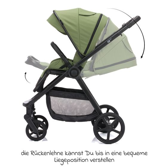 Fillikid 3-1 Kombi-Kinderwagen-Set Lion mit Sportsitz, Babywanne, Babyschale, Adapter, Fußdecke und Wickeltasche - Forest Green