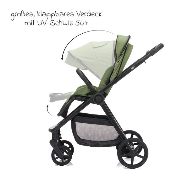 Fillikid 3-1 Kombi-Kinderwagen-Set Lion mit Sportsitz, Babywanne, Babyschale, Adapter, Fußdecke und Wickeltasche - Forest Green