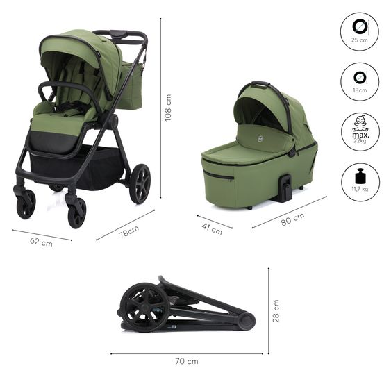 Fillikid 3-1 Kombi-Kinderwagen-Set Lion mit Sportsitz, Babywanne, Babyschale, Adapter, Fußdecke und Wickeltasche - Forest Green