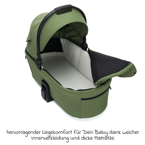 Fillikid 3-1 Kombi-Kinderwagen-Set Lion mit Sportsitz, Babywanne, Babyschale, Adapter, Fußdecke und Wickeltasche - Forest Green