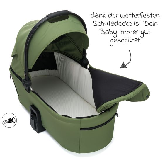 Fillikid 3-1 Kombi-Kinderwagen-Set Lion mit Sportsitz, Babywanne, Babyschale, Adapter, Fußdecke und Wickeltasche - Forest Green