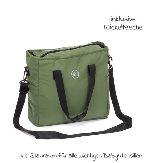 Fillikid 3-1 Kombi-Kinderwagen-Set Lion mit Sportsitz, Babywanne, Babyschale, Adapter, Fußdecke und Wickeltasche - Forest Green