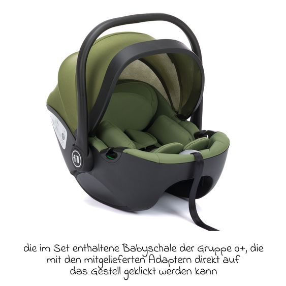 Fillikid 3-1 Kombi-Kinderwagen-Set Lion mit Sportsitz, Babywanne, Babyschale, Adapter, Fußdecke und Wickeltasche - Forest Green