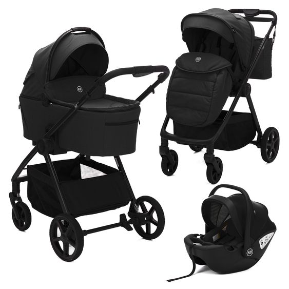 Fillikid 3-1 Kombi-Kinderwagen-Set Lion mit Sportsitz, Babywanne, Babyschale, Adapter, Fußdecke und Wickeltasche - Schwarz